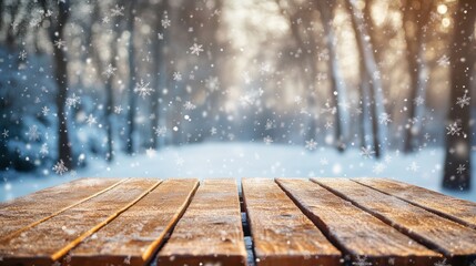 Wooden table snowy trees winter nature bokeh background, empty wood desk product display mockup snow landscape blurry abstract backdrop ads showcase Christmas time presentation. Mock up, copy space.