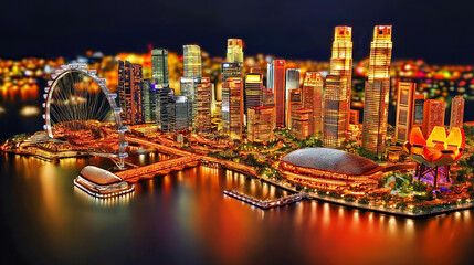 Fototapeta premium Singapore skyline at night, illuminated skyscrapers, ferris wheel, and harbor lights.