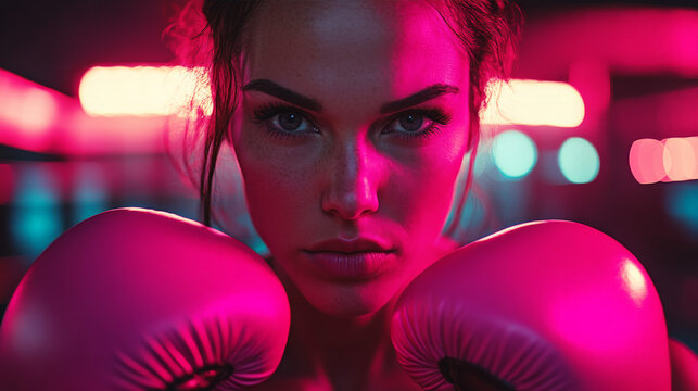 Strong woman in boxing ring with pink wraps symbolizing breast cancer fight
- Powered by Adobe