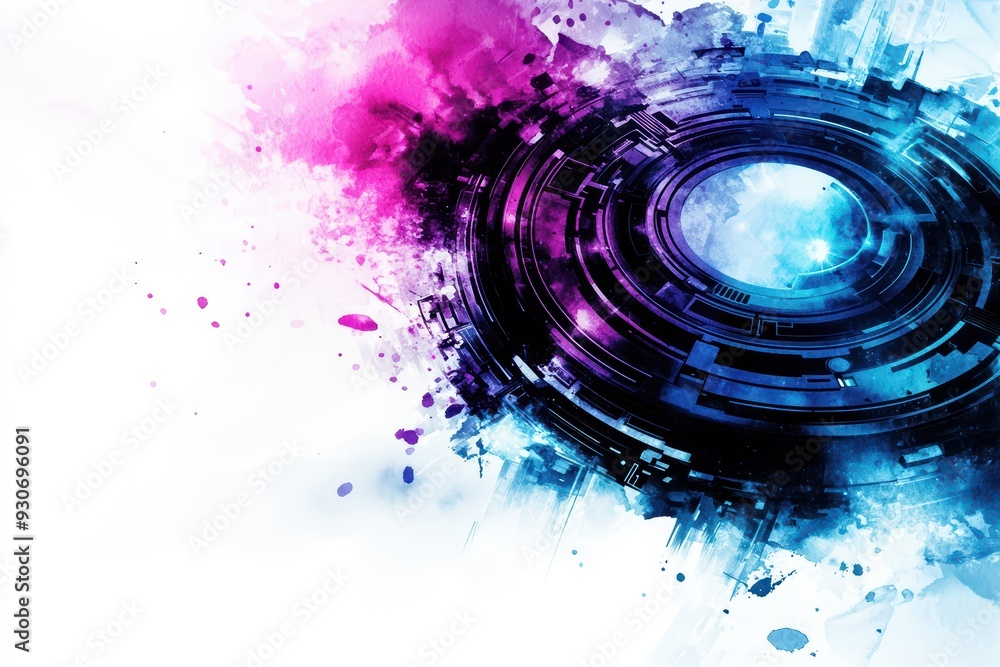 Poster a vibrant abstract design featuring a circular pattern with blue and pink splashes, perfect for crea