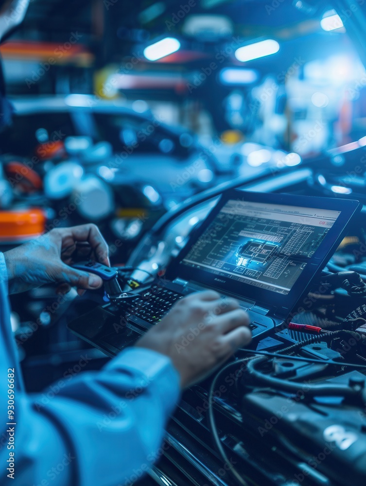 Leinwandbilder a mechanic uses a laptop for diagnostics while working on engine repairs in a bustling auto repair w