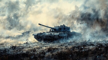 Watercolor tank advancing through a foggy battlefield, with soft, ethereal light.