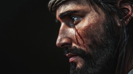 Obraz premium Close-up of a rugged man with a serious expression, showcasing intense emotion and intricate details on his face.