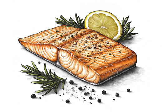 grilled salmon with lemon and rosemary clip art preview