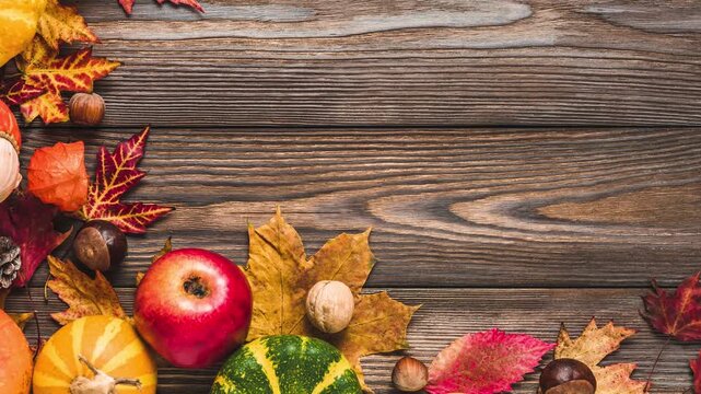 Thanksgiving, Halloween and autumn background. Fall composition with pumpkins, apples, leaves, dry flowers and nuts on rustic wooden table. Flat lay, top view