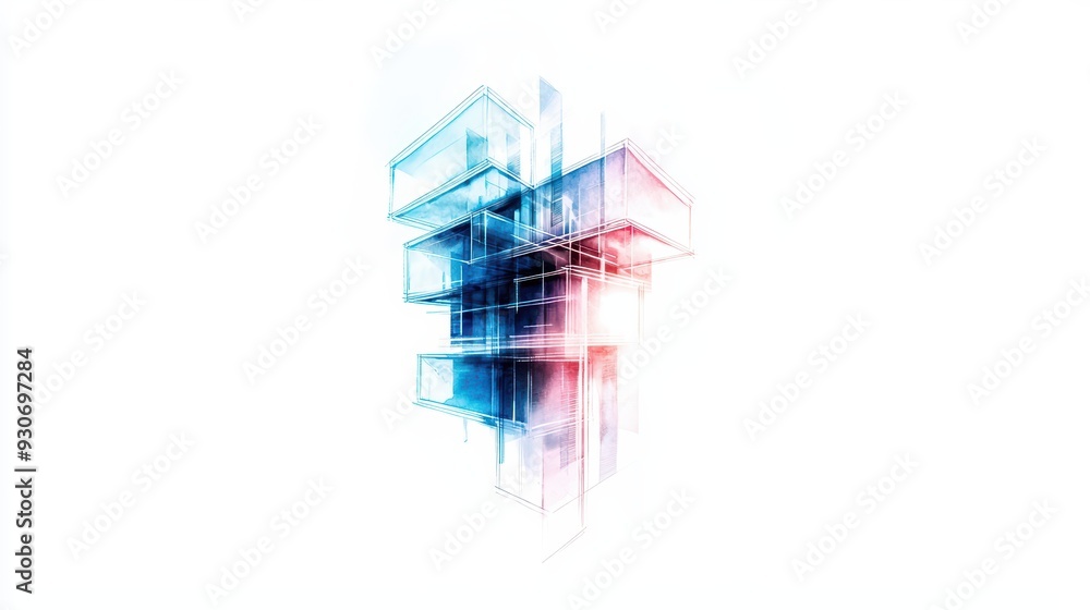 Poster abstract architectural design featuring layered structures in blue and red tones on a white backgrou