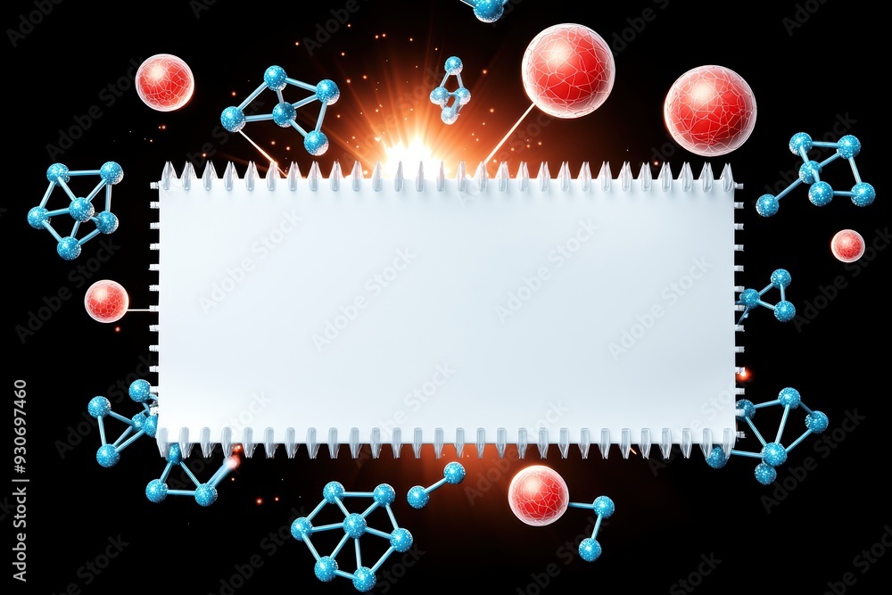 Poster abstract science background featuring molecules, atoms, and a blank space for text or graphics with 