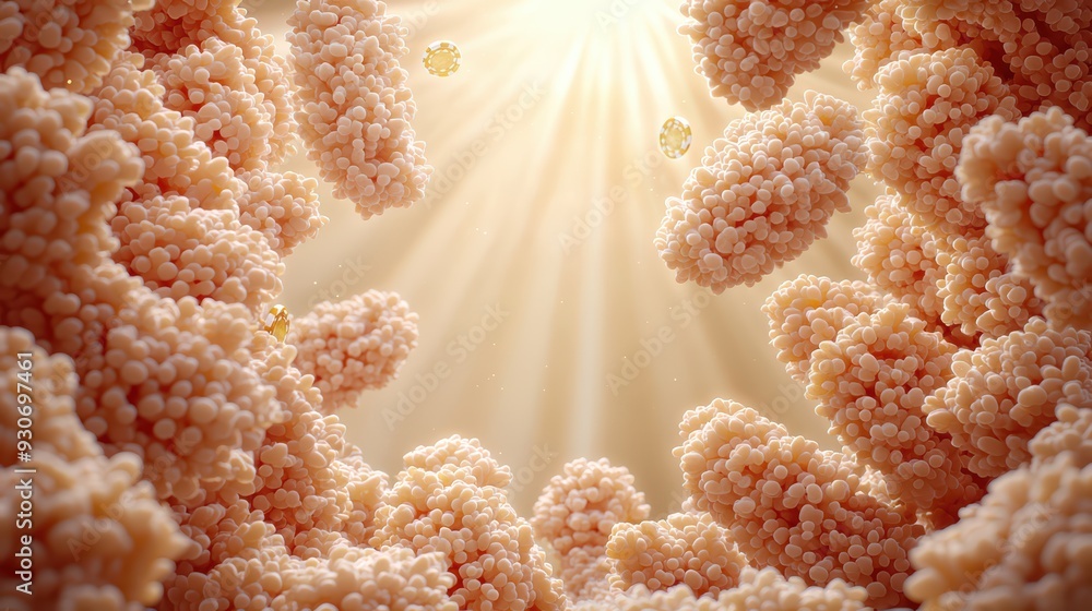 Poster abstract representation of a soft, illuminated environment with organic forms and light beams creati