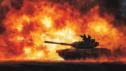 Watercolor tank silhouetted by a bright explosion, with dramatic contrasts.