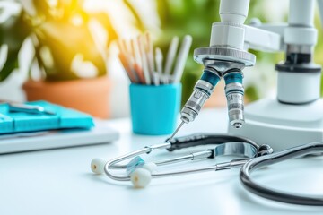 Close-up of medical equipment on a desk, featuring a stethoscope and microscope in a bright workspace, perfect for health-related themes.