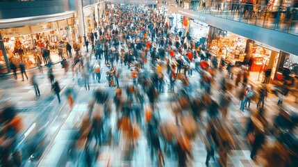 A blurred image of a busy shopping mall, with people moving in all directions.