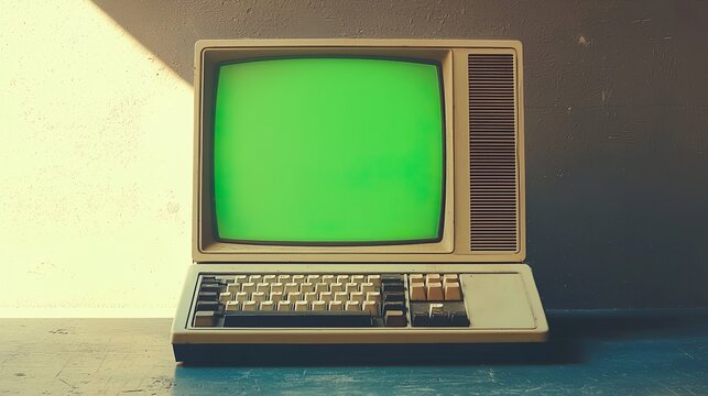 Old vintage computer with a green screen