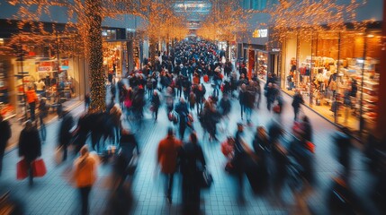 Obraz premium A bustling city street scene with people rushing by, blurred by motion.