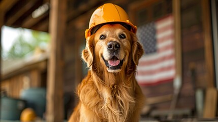 Labrador in construction helmet on the porch