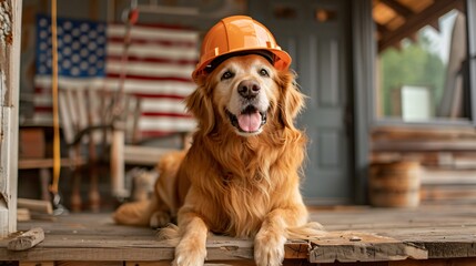 Labrador in construction helmet 