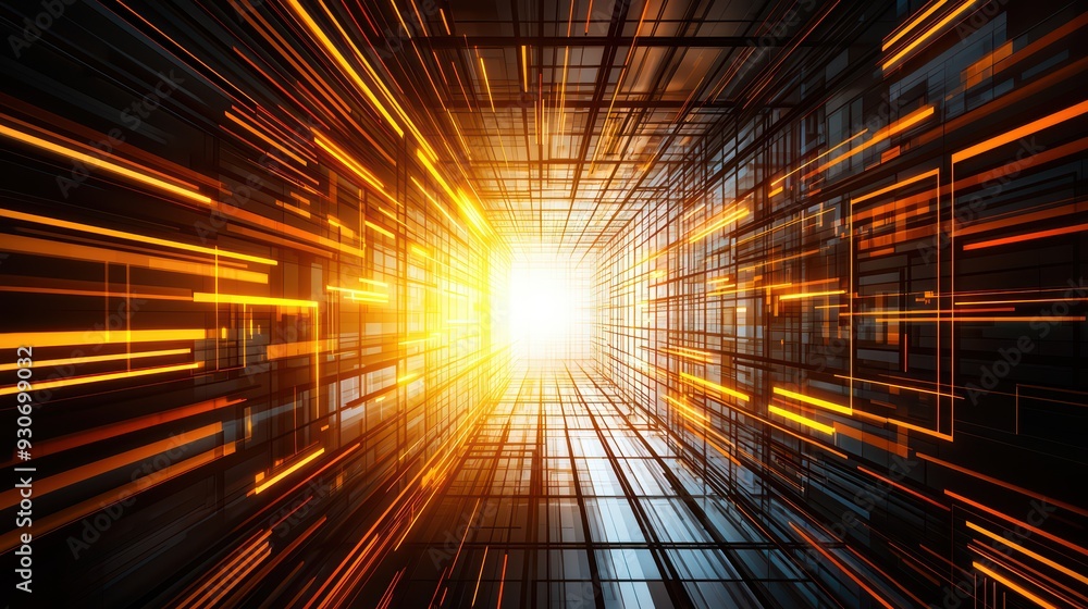 Poster dynamic motion of light converging into a central source, creating an energetic and futuristic ambia