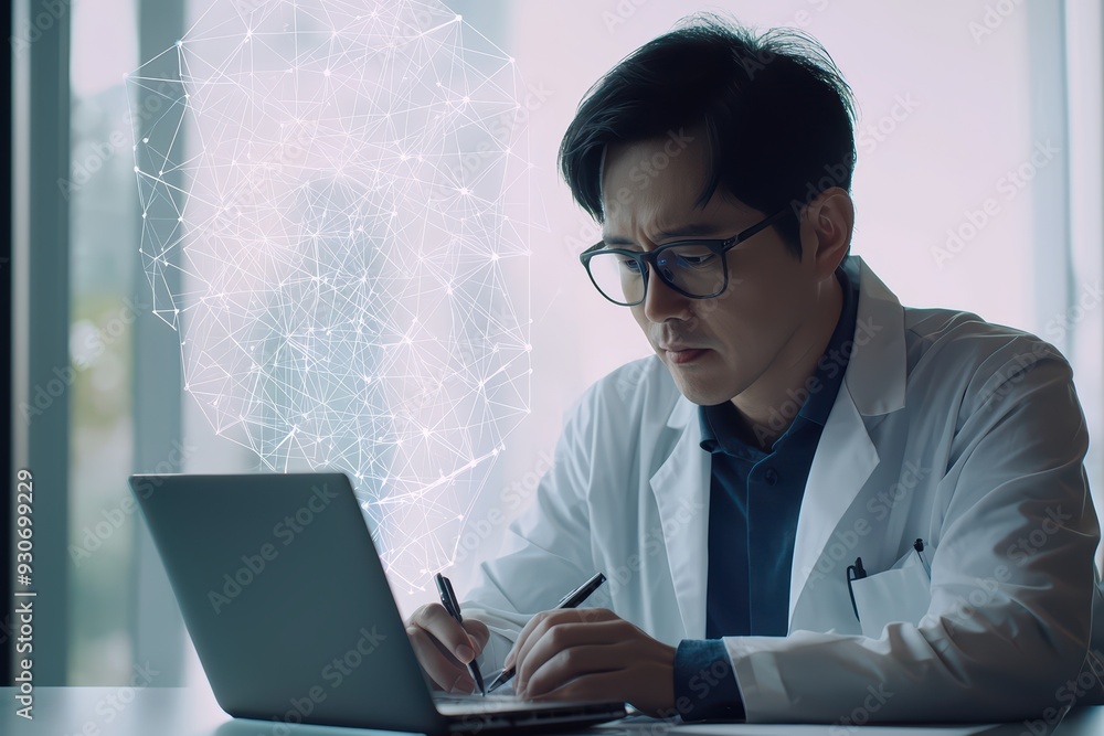 Poster focused scientist working on a laptop, exploring technology and innovation in a modern lab environme
