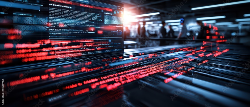 Poster futuristic data stream with glowing codes and blurred figures in a tech environment, showcasing inno