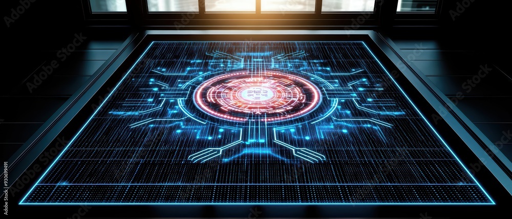 Poster futuristic digital interface showcasing a glowing circuit design on a dark surface, symbolizing adva
