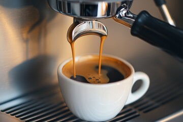 Close-up of Americano pouring from the coffee machine into a cup. Professional coffee brewing black coffee .