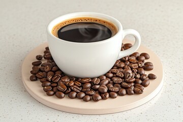 Coffee beans with cup of hot creamy black coffee on beige board .