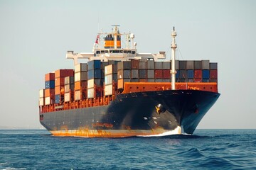 A large container ship navigates through the open ocean, carrying goods and cargo