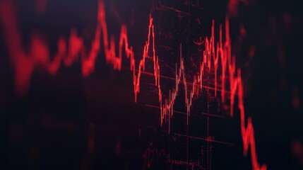 Closeup view of a sharply declining red stock chart, highlighting the dramatic fall in values, against a dark background,