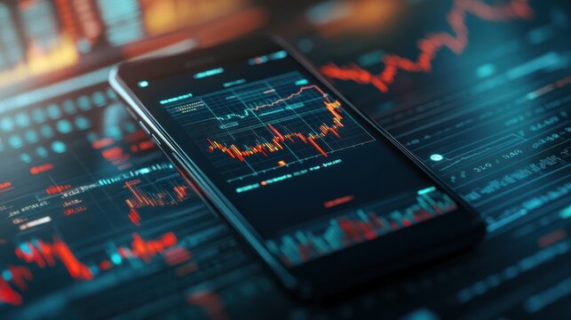 Concept of investing in cryptocurrencies and bitcoins. Close-up of a virtual coin near a phone with graphs. Trading on the cryptocurrency exchange. Bitcoin rise and fall chart.