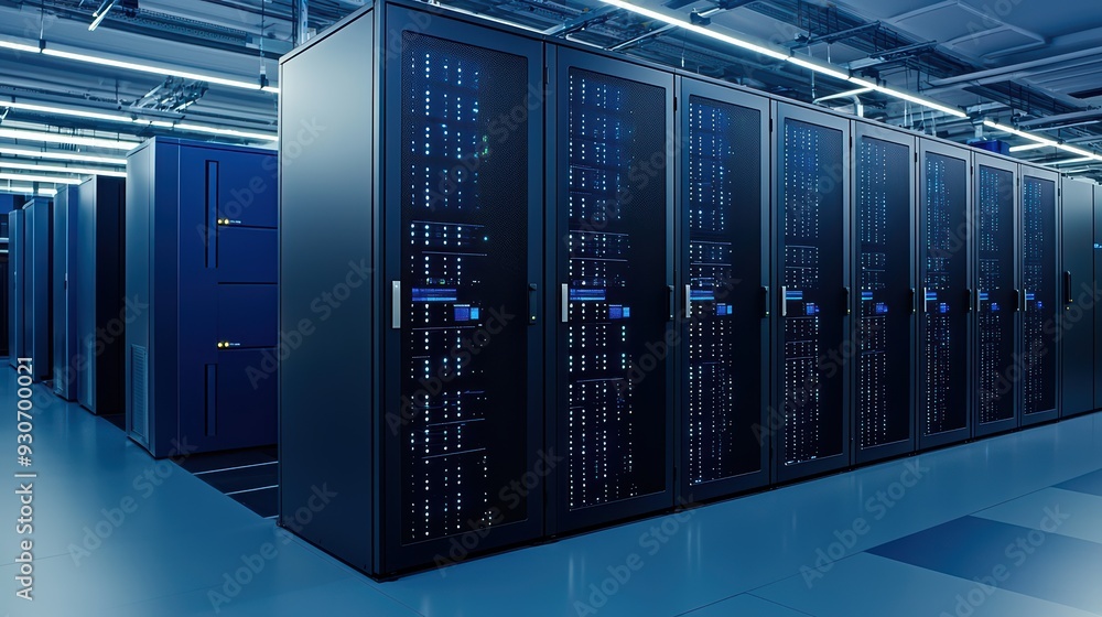 Poster modern data center featuring rows of servers with blue lighting, designed for high-performance compu