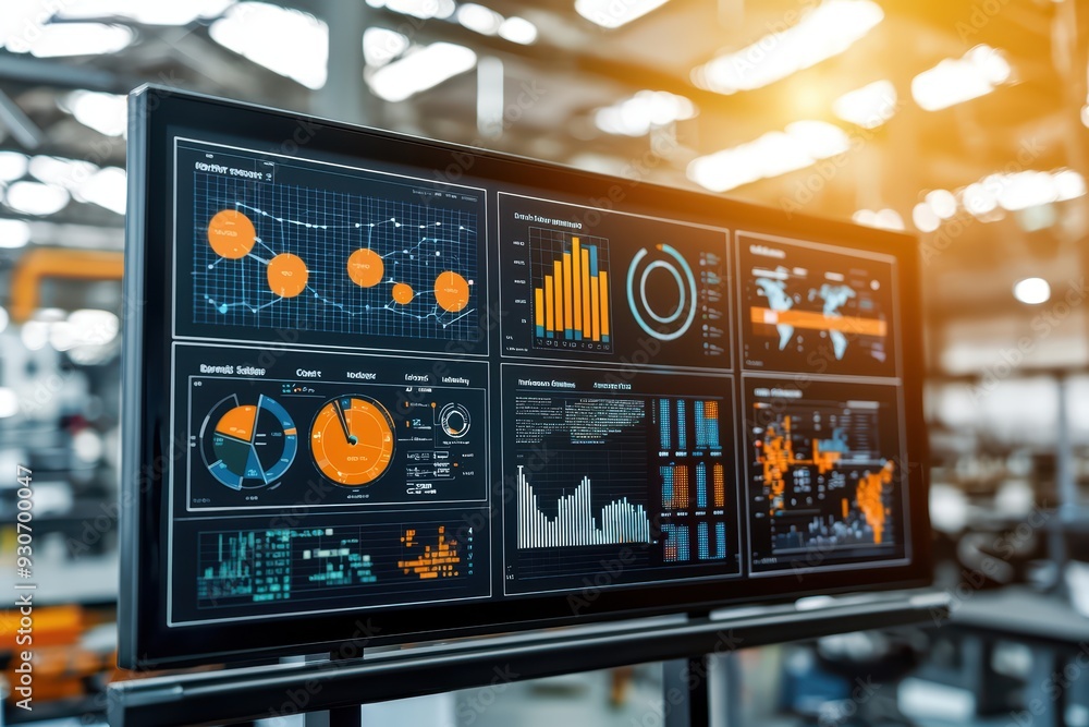 Poster modern data dashboard displaying analytics graphs and charts in a factory setting, showcasing busine
