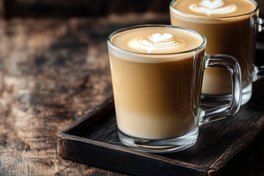 Cups of coffee drink, latte or mocha with milk foam. Glass mug, dark wooden background. .