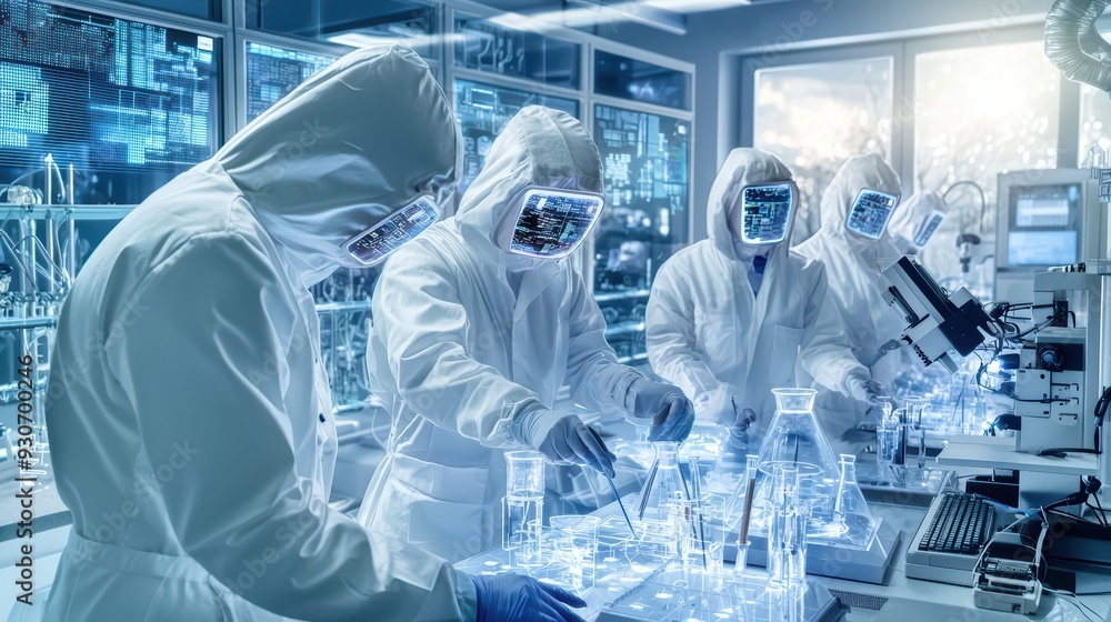 Poster scientists in protective gear conducting experiments in a high-tech laboratory with advanced equipme