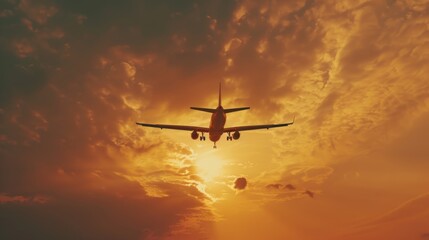 Naklejka premium A plane flies through the sky as the sun sets behind, capturing a moment of beauty and serenity
