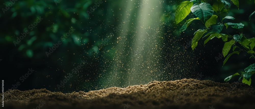 Poster sunlight filters through trees, creating a mystical atmosphere over the soil, highlighting nature's 