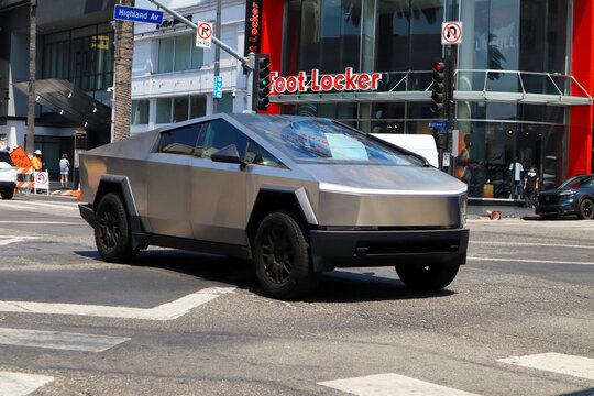 Hollywood (Los Angeles), California &ndash; July 9, 2024: Tesla Cybertruck car on Hollywood Blvd Walk of Fame