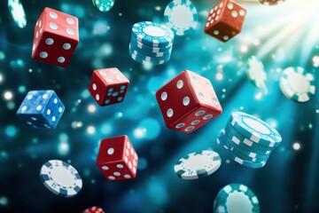 Vibrant gaming scene with flying dice and casino chips creating a thrilling atmosphere for chance and excitement.