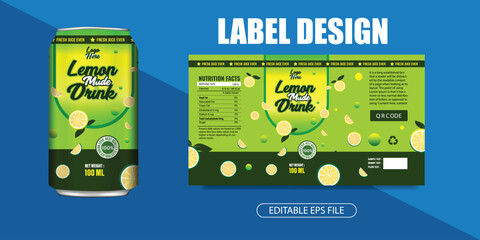 Lemonade label design, Soda can label, lemon drink label, editable vector eps. soft drink label design, fruit juice can label design.
