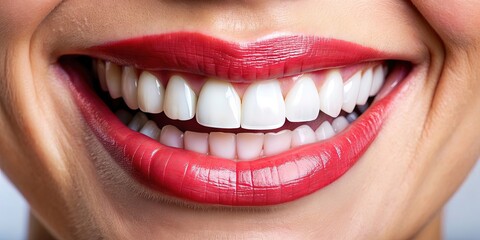 Freshly brushed teeth and healthy gums are showcased in a close-up of a bright, shiny smile, symbolizing good oral hygiene and overall wellness.