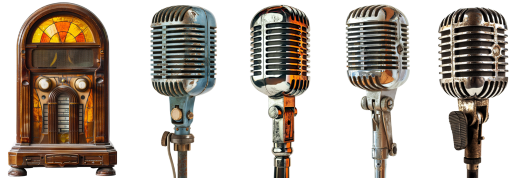Pack of Vintage microphone set isolated on transparent background