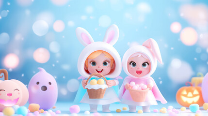 Two joyful girls in bunny costumes hold baskets filled with treats against a vibrant pastel background, surrounded by playful decorations