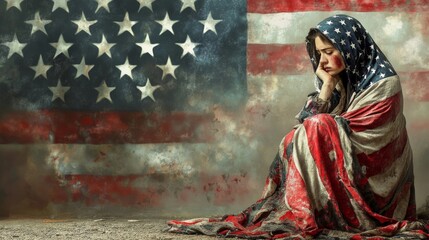 Fototapeta premium Sad Woman Wrapped in American Flag - Symbolizing Patriotism and Struggle