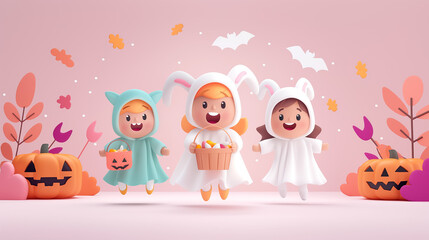 Naklejka premium Three kids dressed in adorable Halloween costumes smile while surrounded by pumpkins and colorful leaves, capturing the spirit of the season