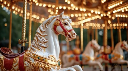 Fototapeta premium A horse is sitting on a carousel with other horses. The carousel is lit up and has a warm, inviting glow