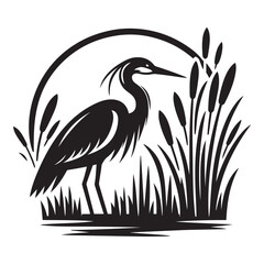 heron silhouette isolated on white, heron vector art, heron silhouette, heron illustration, heron black and white vector, black and white heron, heron black and white vector illustration, 