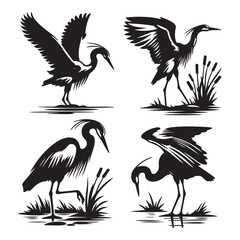 heron silhouette isolated on white, heron vector art, heron silhouette, heron illustration, heron black and white vector, black and white heron, heron black and white vector illustration, 
