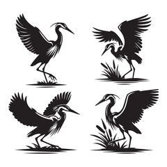 heron silhouette isolated on white, heron vector art, heron silhouette, heron illustration, heron black and white vector, black and white heron, heron black and white vector illustration, 