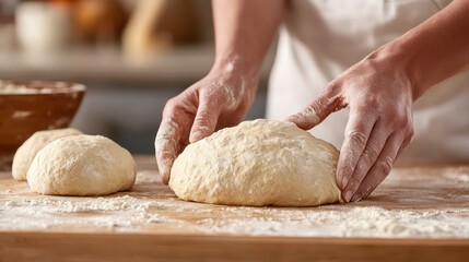 Obraz premium A person is kneading dough on a wooden table. The dough is in the shape of a ball and is covered in flour. The person is wearing an apron and has their hands covered in flour. The scene is casual