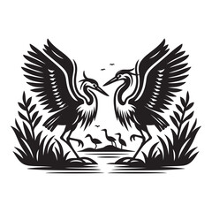 heron silhouette isolated on white, heron vector art, heron silhouette, heron illustration, heron black and white vector, black and white heron, heron black and white vector illustration, 