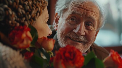 A close-up shot of a person holding or surrounded by flowers