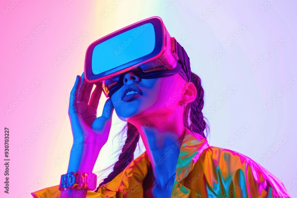 Poster woman using virtual reality headset and controller
